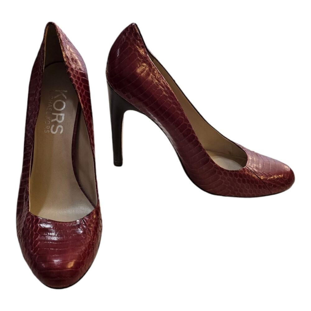 Michael Kors Burgundy Snake Embossed Leather Pointed Toe Heels Pumps‎ Size 10